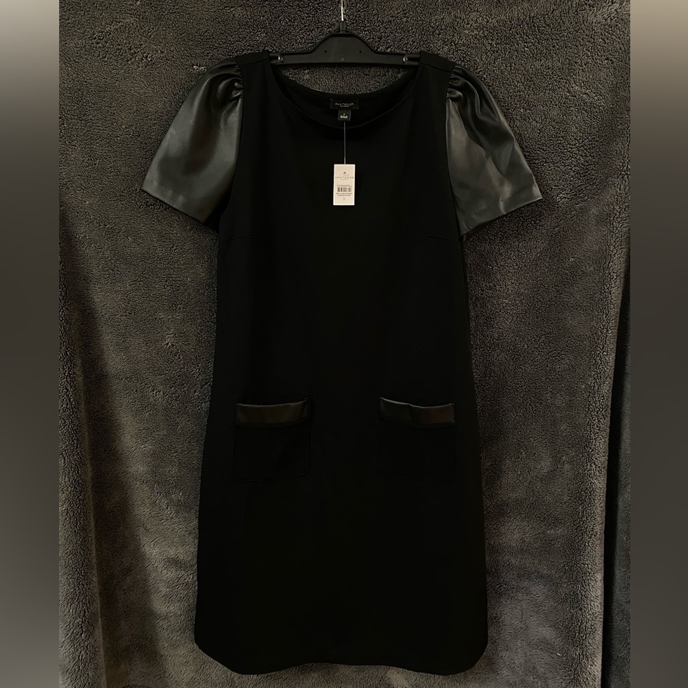 Ann Taylor Black Dress with Leather Sleeves